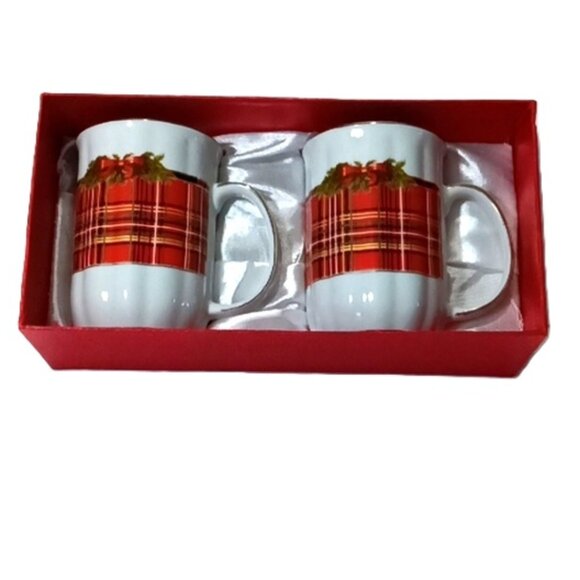 Boxed Gift Set of 2 Red Tartan‎ Patterned Xmas Mugs by ACE Gift Collection - Picture 1 of 9
